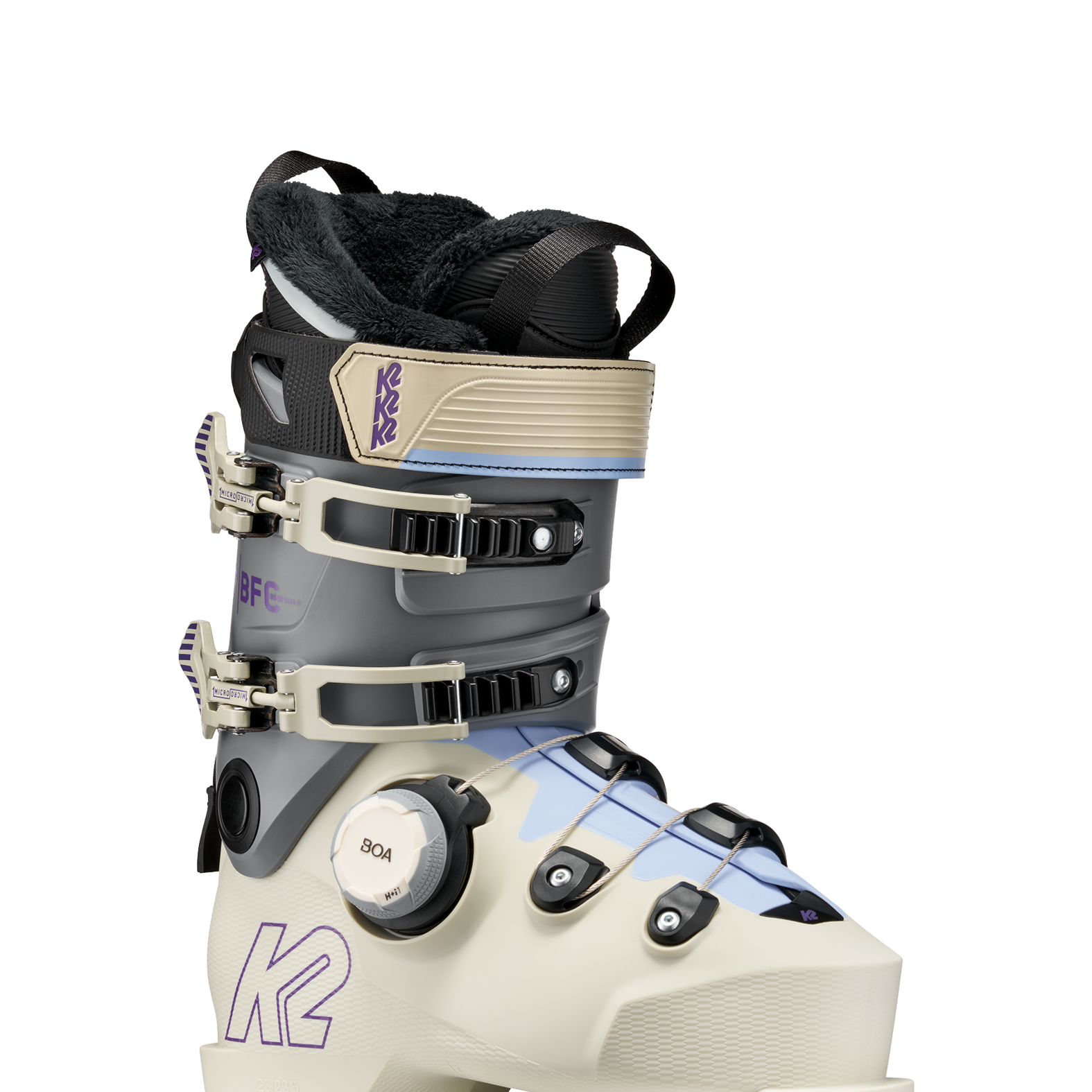 White and grey women's ski boots, side view, with BOA dial and strap buckles