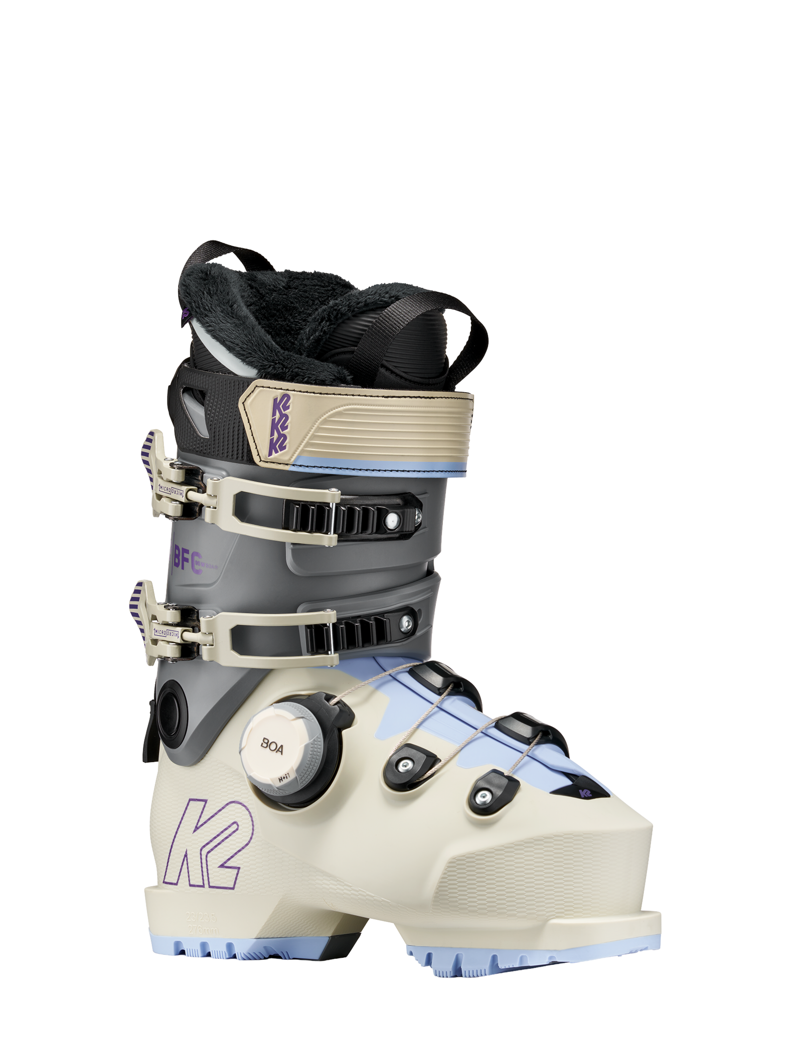 White and grey women's ski boots, side view, with BOA dial and strap buckles