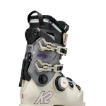 White women's ski boots with K2 logos, BOA dial and multi-position buckles