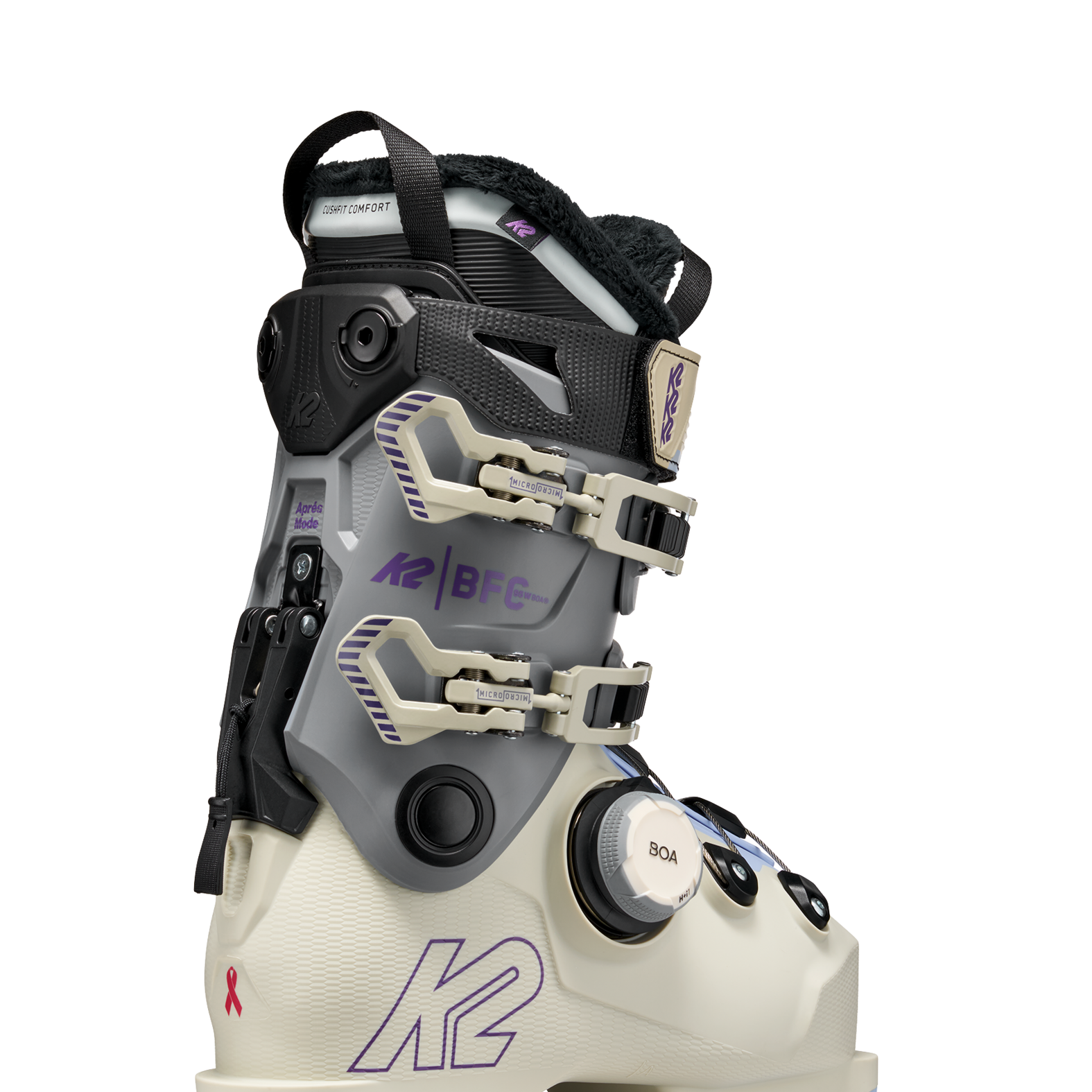 White women's ski boots with K2 logos, BOA dial and multi-position buckles