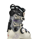 White women's ski boots with K2 logos, BOA dial and multi-position buckles