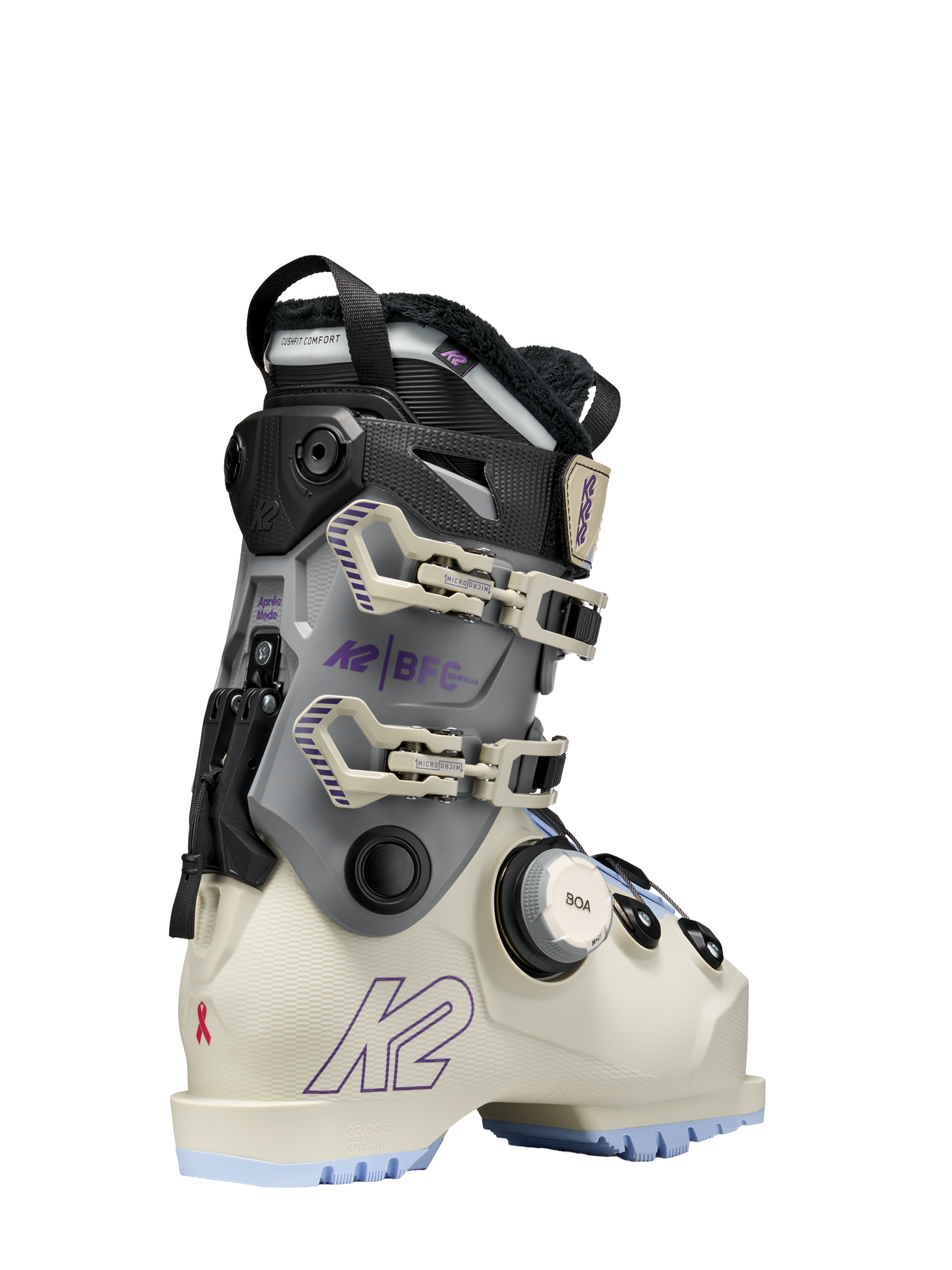 White women's ski boots with K2 logos, BOA dial and multi-position buckles