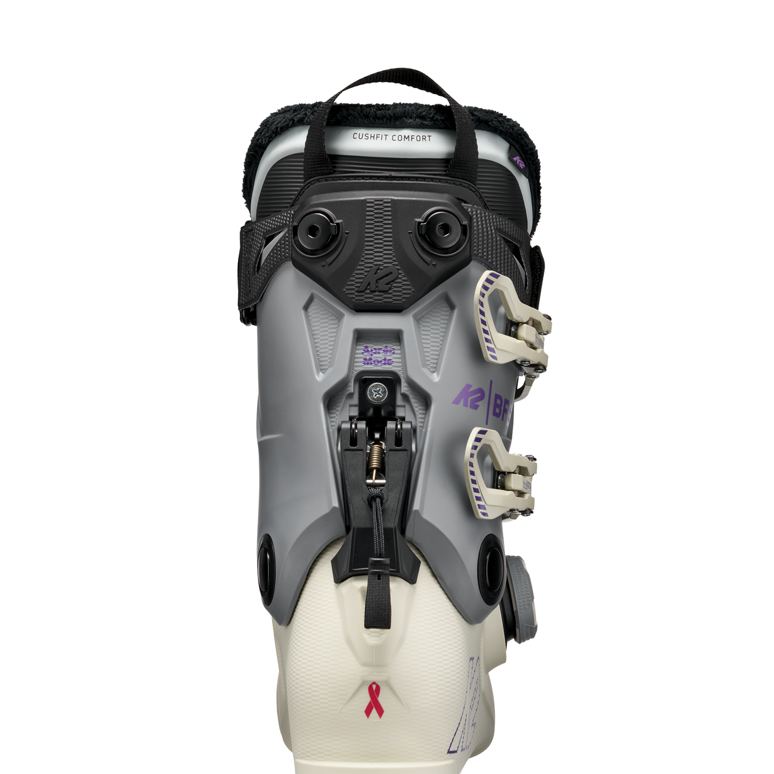 Women's ski boots, back view, with BOA dial, molded shell and padded cuff