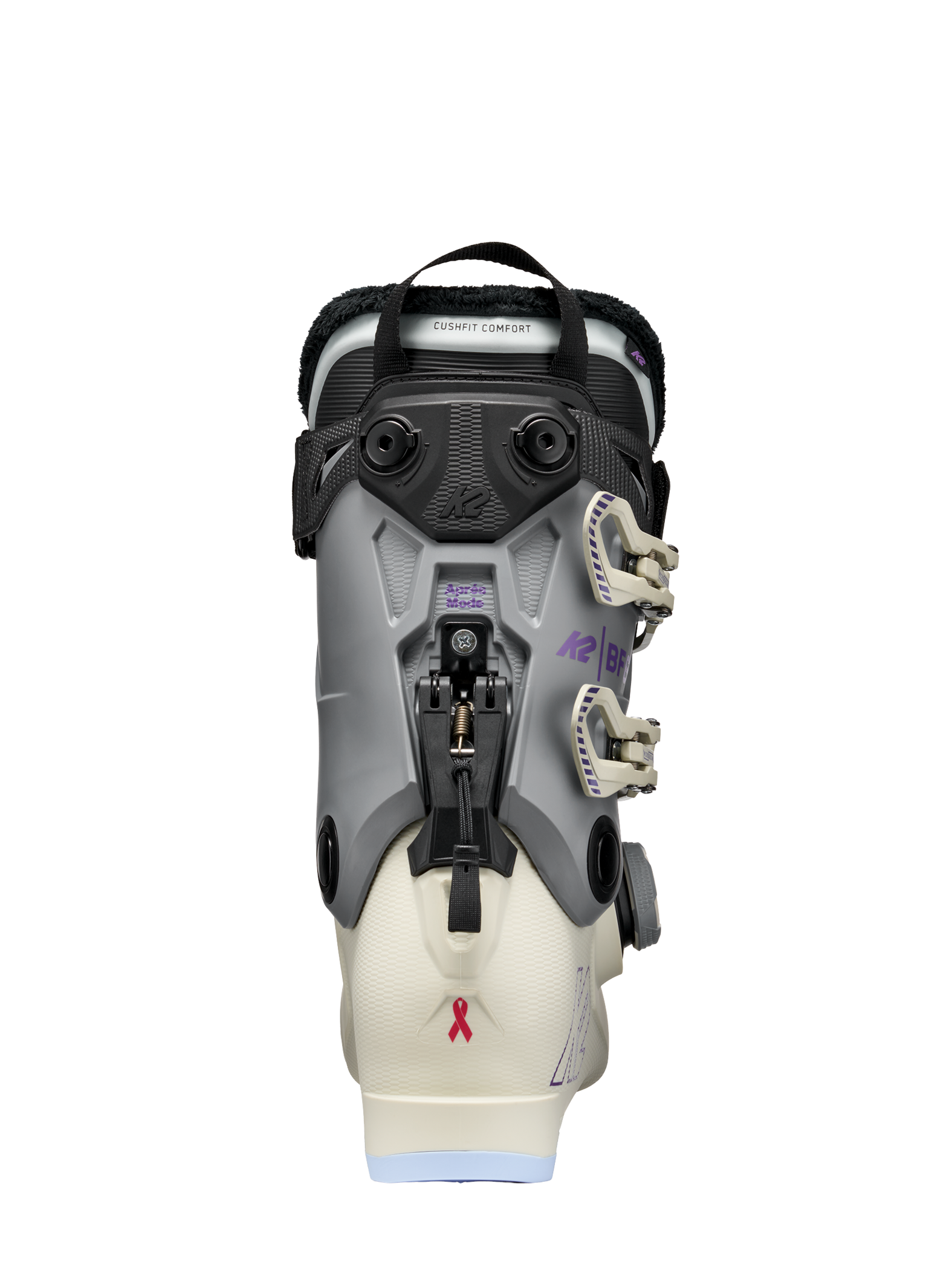 Women's ski boots, back view, with BOA dial, molded shell and padded cuff