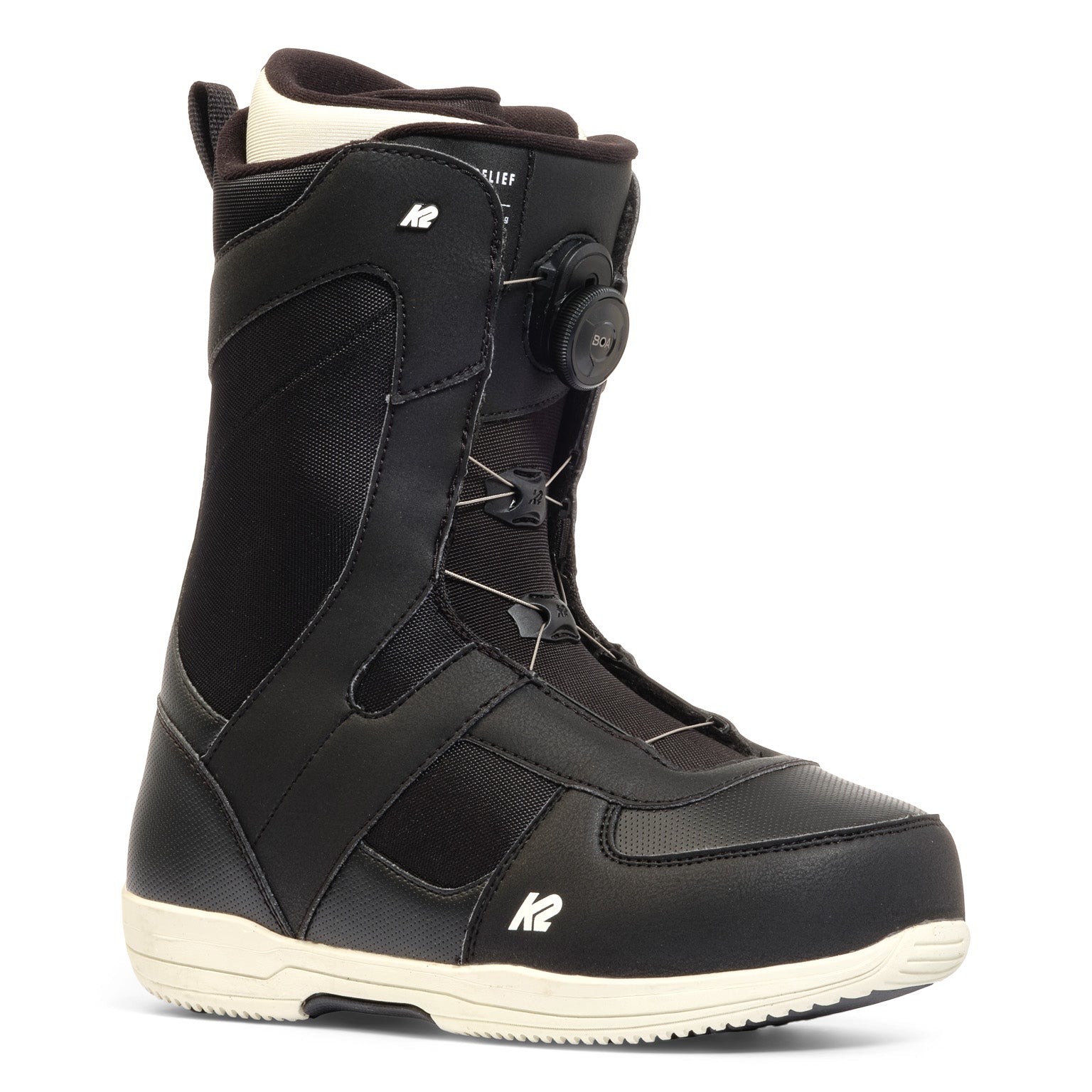 Black K2 Belief snowboard boot features a white sole and Boa lacing system.