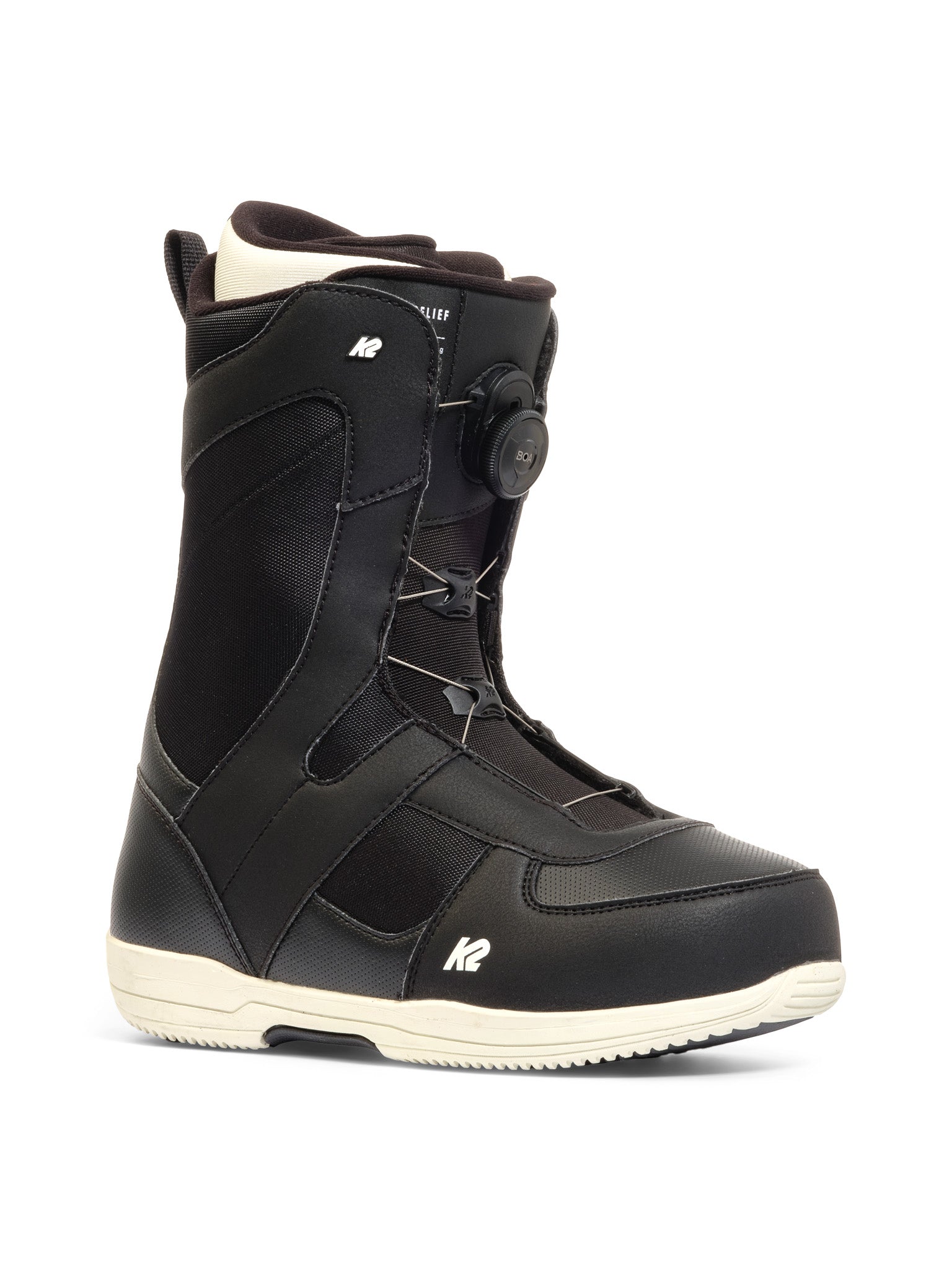 Black K2 Belief snowboard boot features a white sole and Boa lacing system.