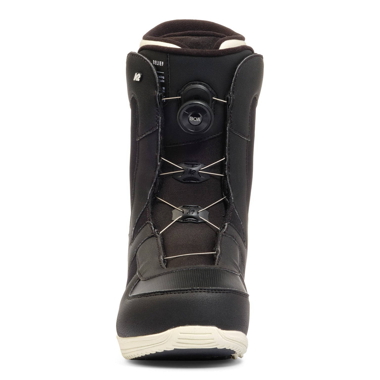 Black and white K2 Women's Belief snowboard boot with a visible Boa lacing system.