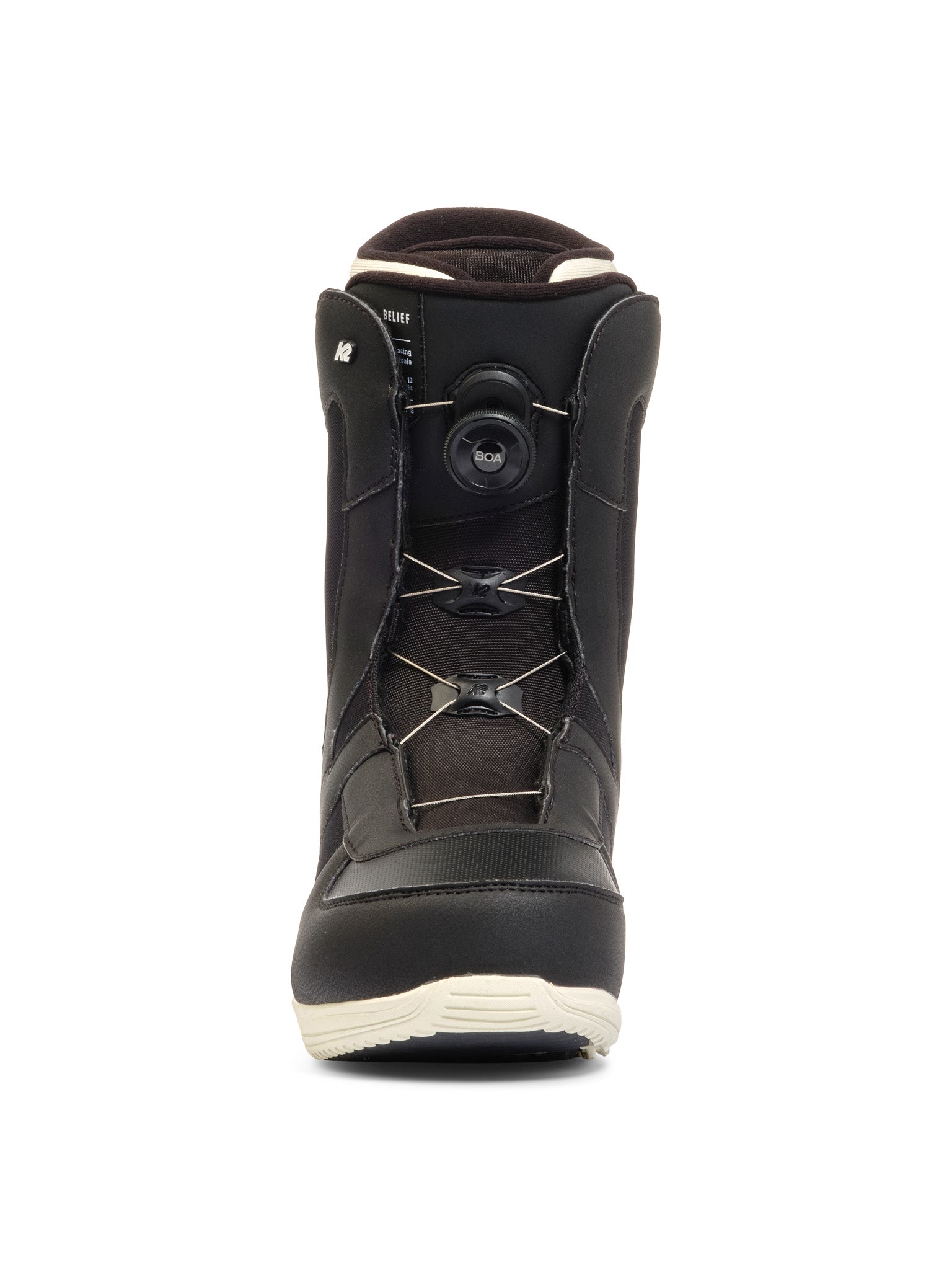 Black and white K2 Women's Belief snowboard boot with a visible Boa lacing system.