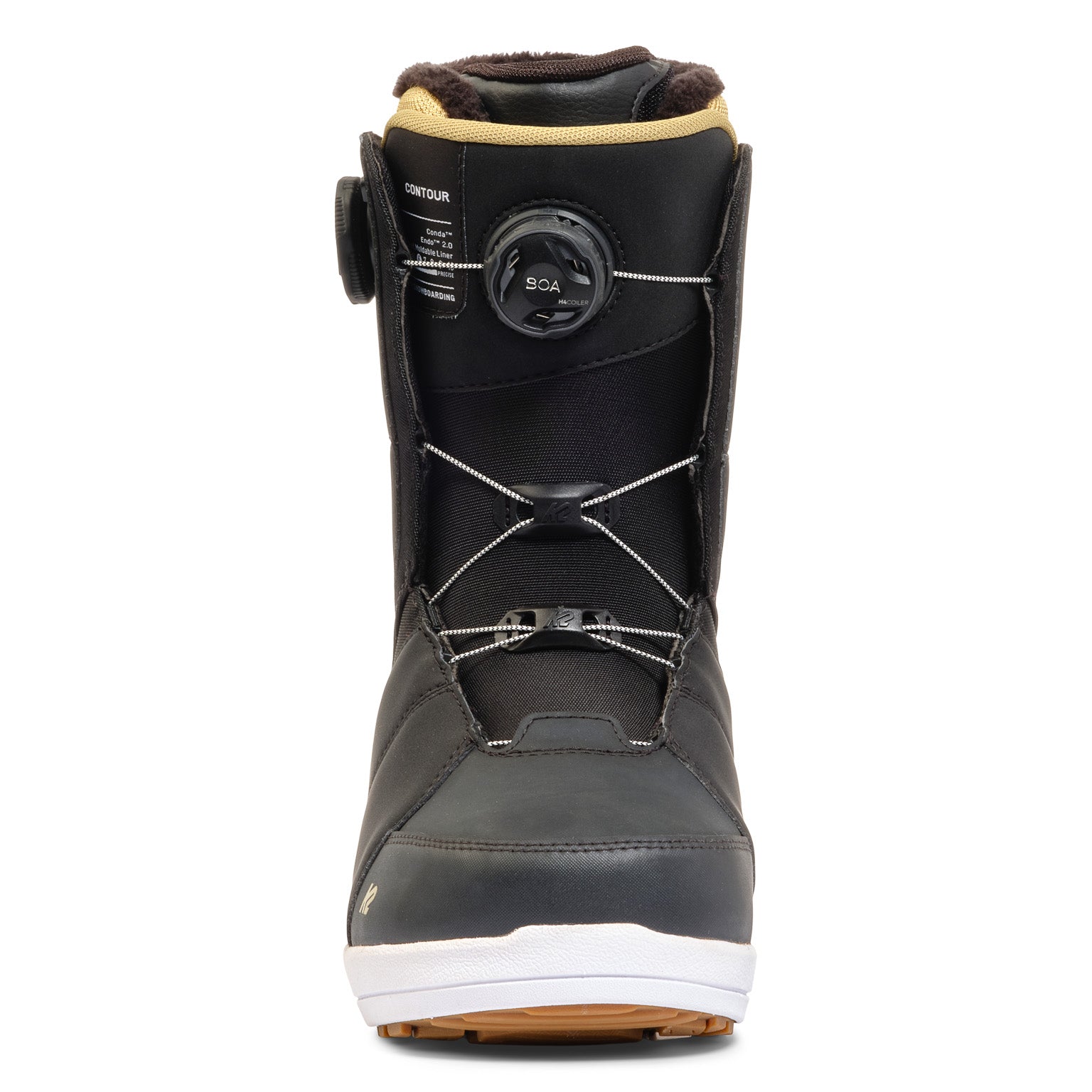 Black and white K2 Contour snowboard boot features a BOA lacing system.