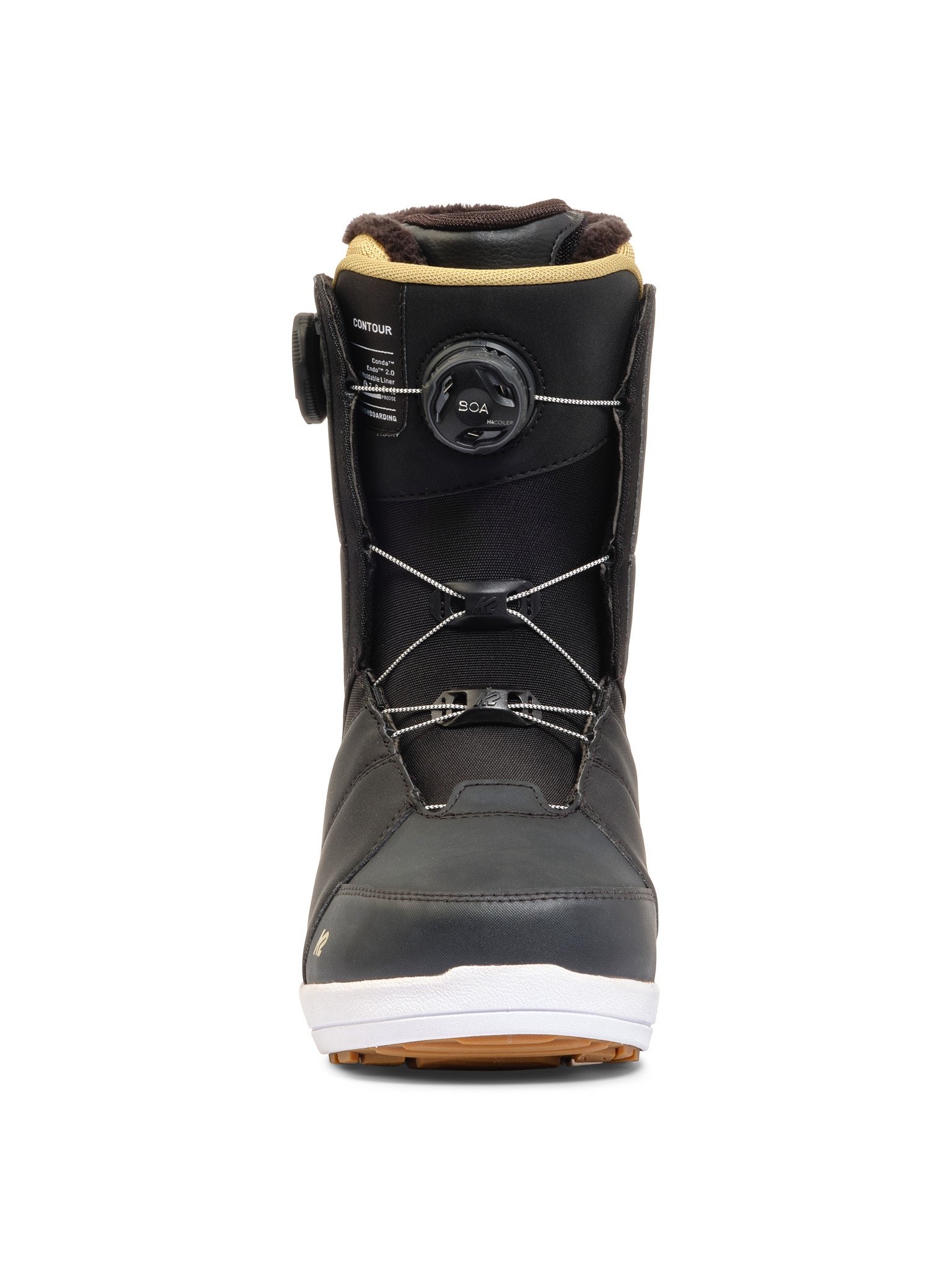 Black and white K2 Contour snowboard boot features a BOA lacing system.