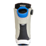 K2 Contour snowboard boot features a gray and blue design with a black toe box and Intuition liner.