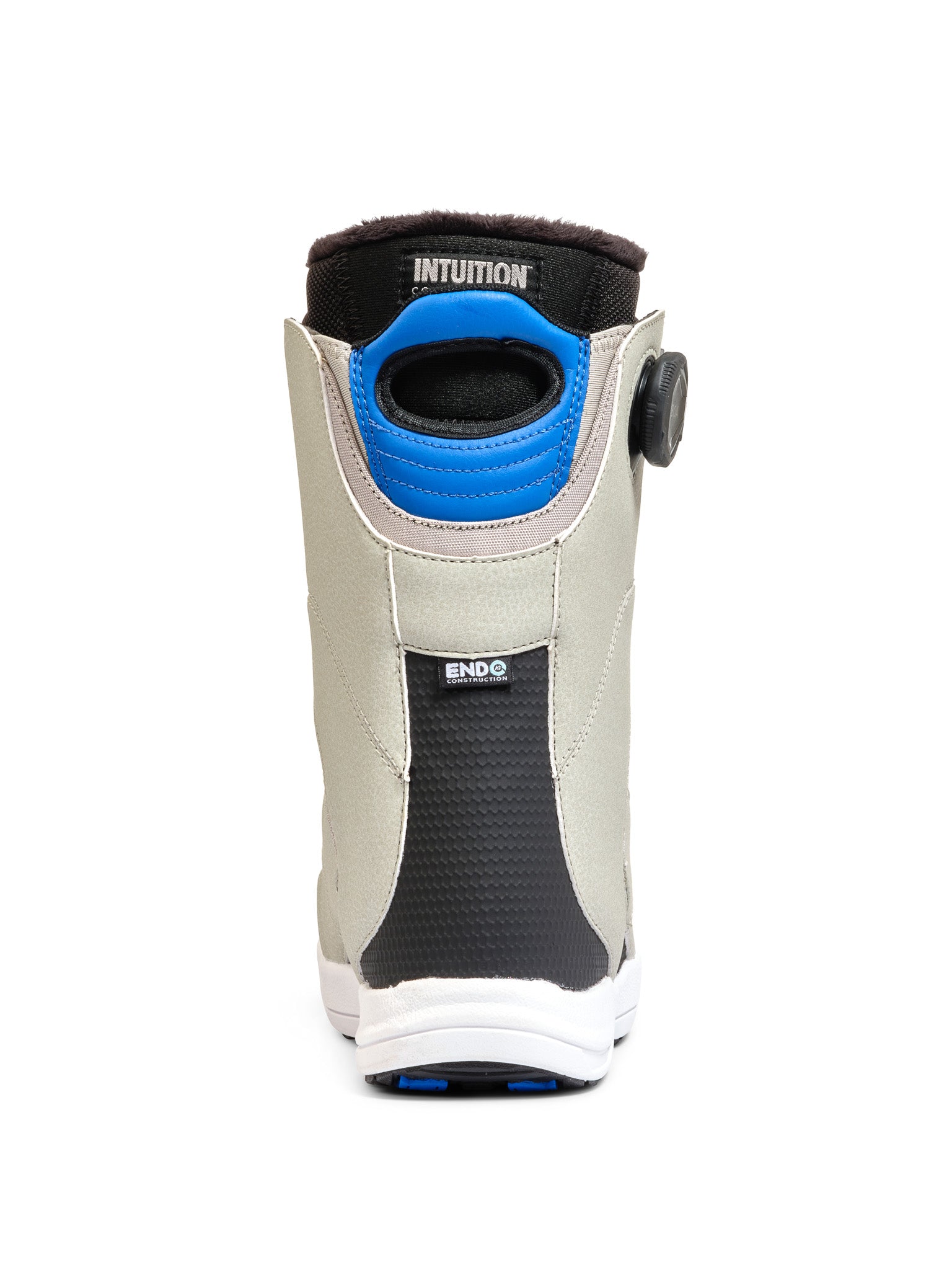 K2 Contour snowboard boot features a gray and blue design with a black toe box and Intuition liner.