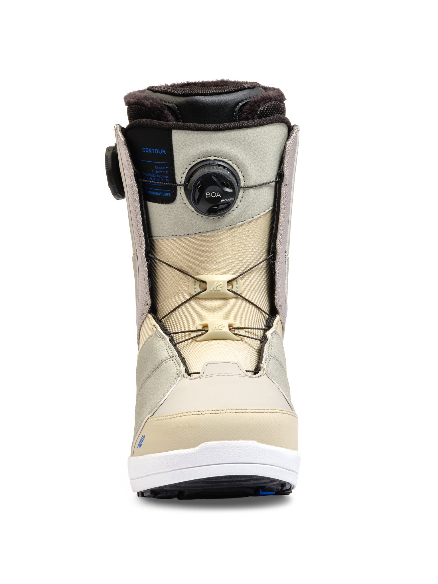 K2 Women's Contour 2025 snowboard boot features a white and gray color scheme with Boa lacing.