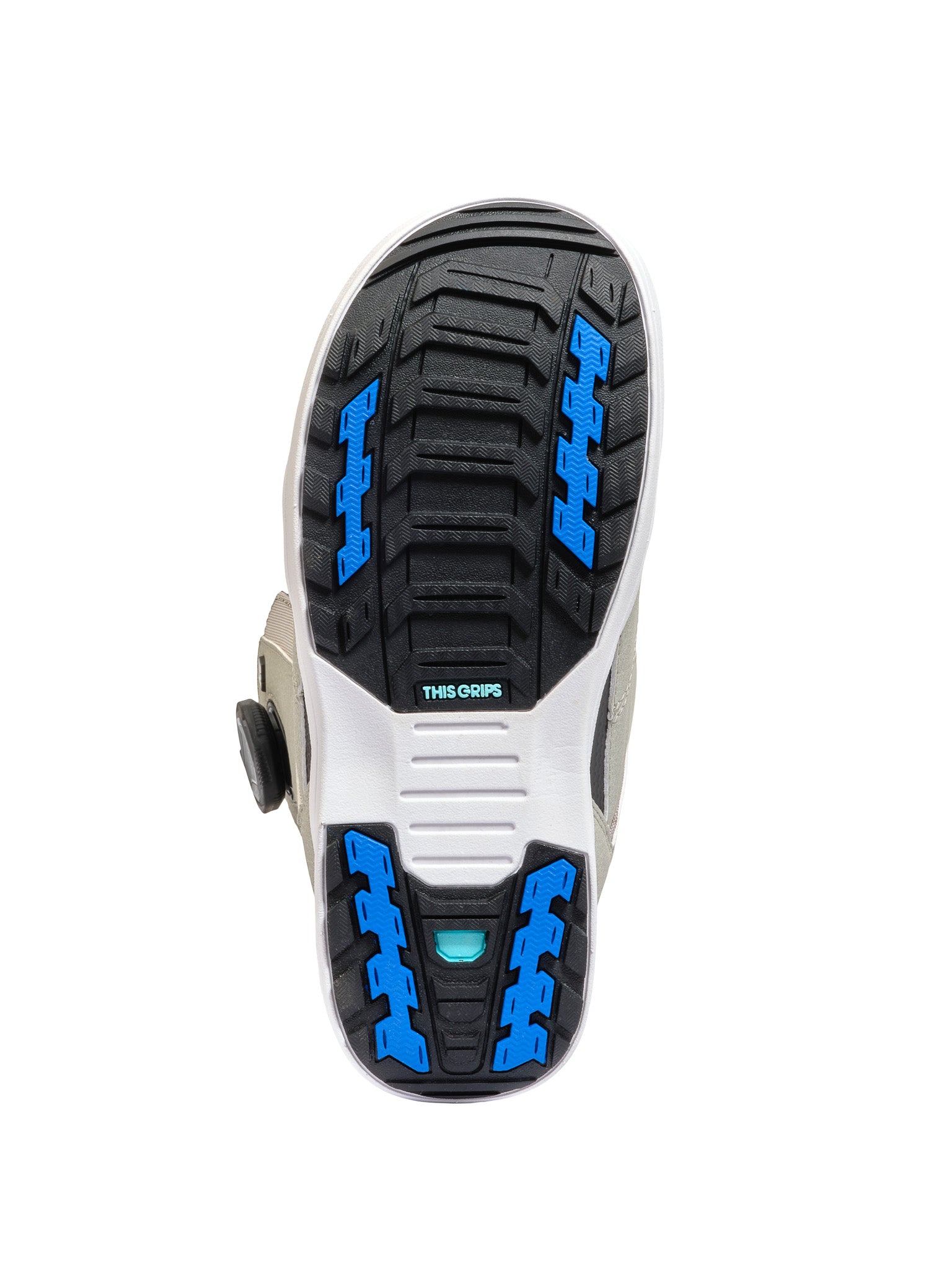 K2 Women's Contour snowboard boot, gray and white with blue accents and a black sole.