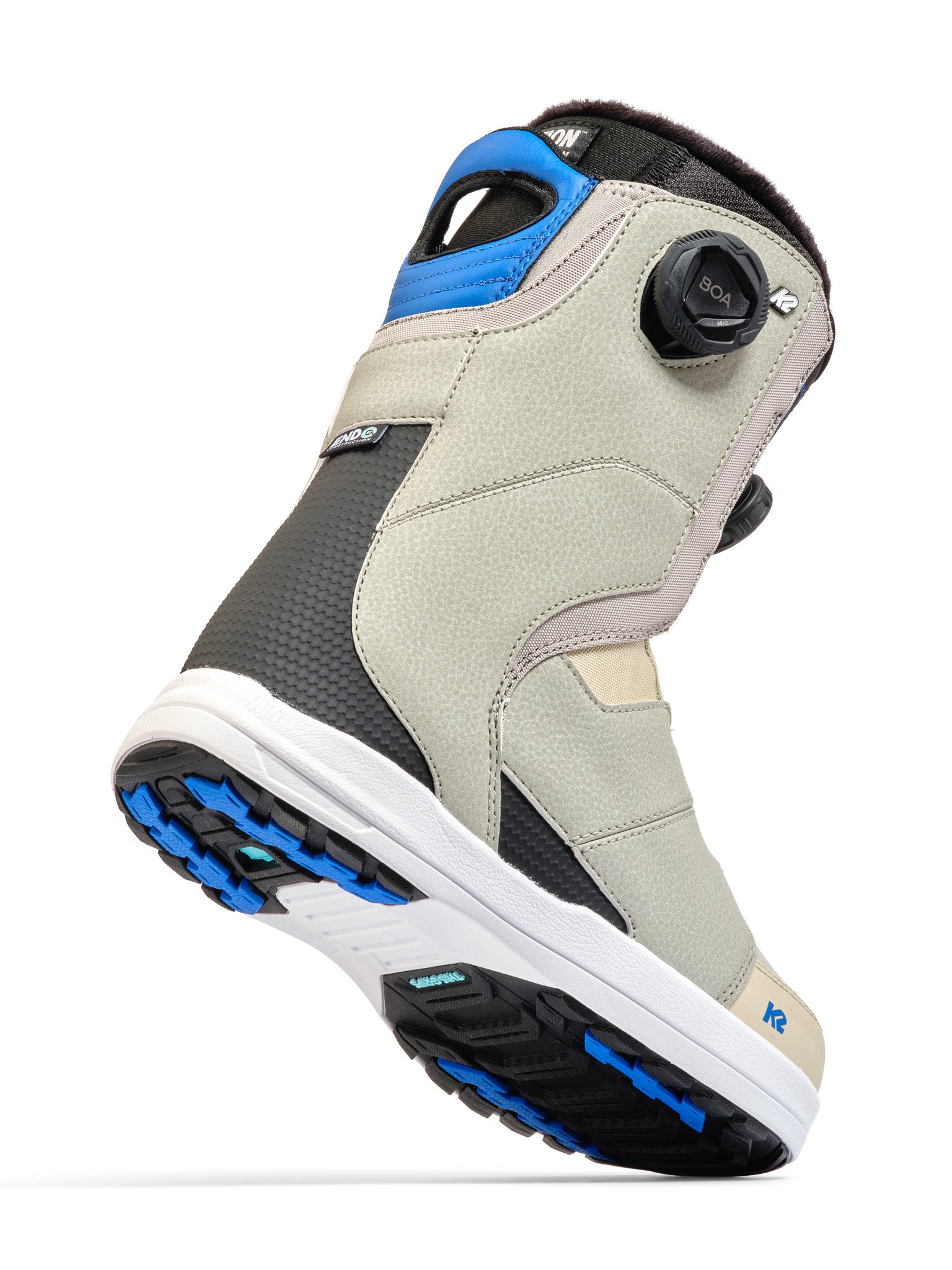 K2 Women's Contour snowboard boot in gray and blue with BOA lacing system.