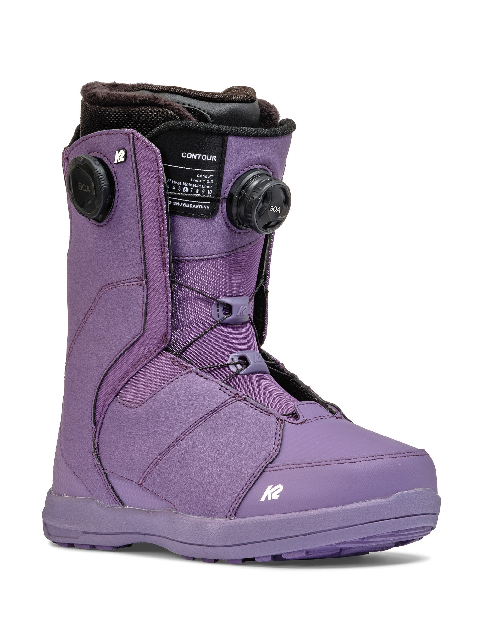 Purple K2 Women's Contour snowboard boot features a BOA lacing system and distinctive design.