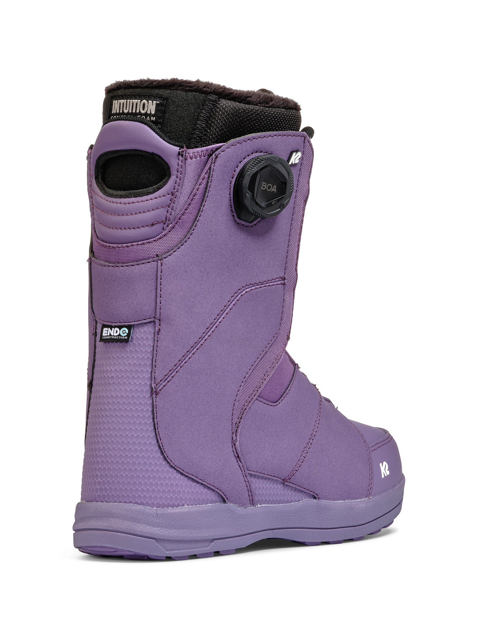 Purple K2 Contour snowboard boot features a BOA closure and textured sidewall.