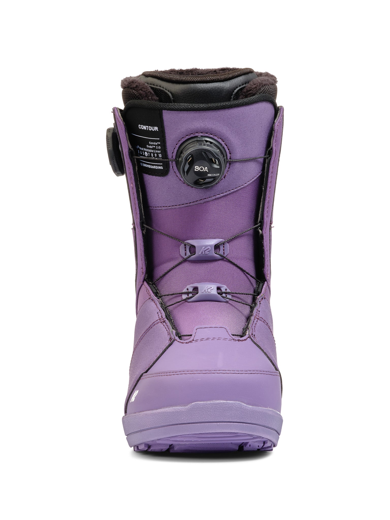Purple K2 Contour snowboard boot features BOA lacing and a streamlined design.