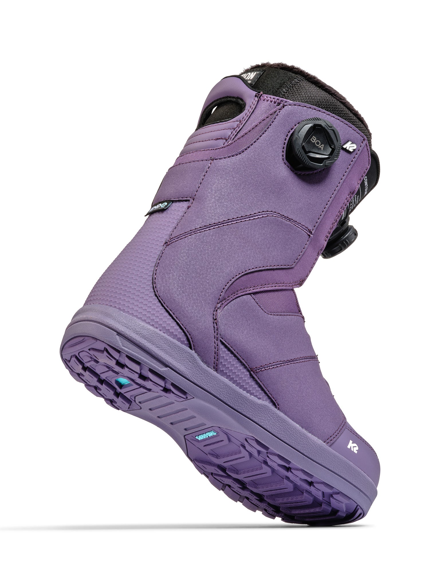 Purple K2 Contour snowboard boot features a BOA lacing system and textured sole.