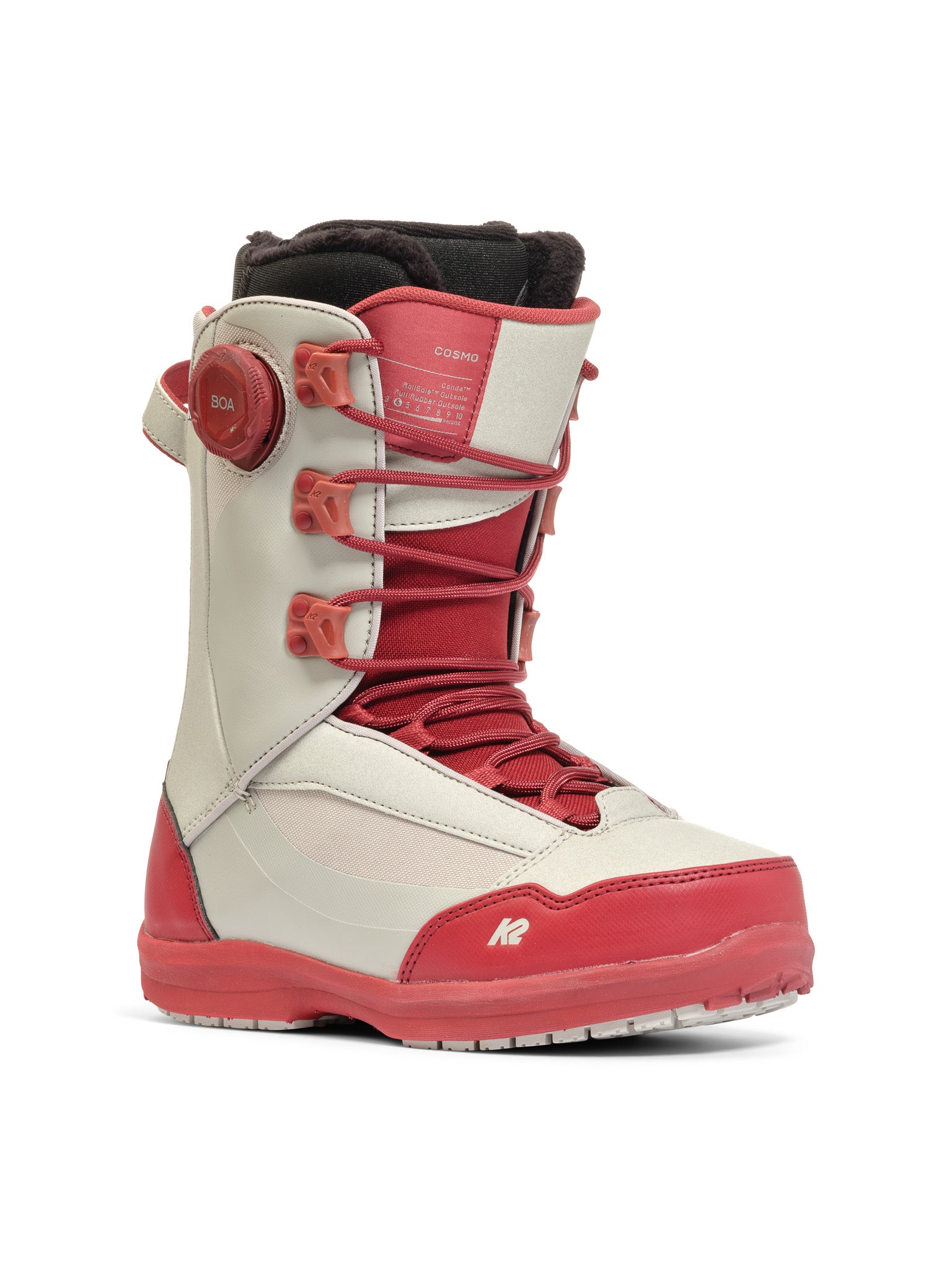 K2 Cosmo snowboard boot features a white and red design with a visible BOA lacing system.