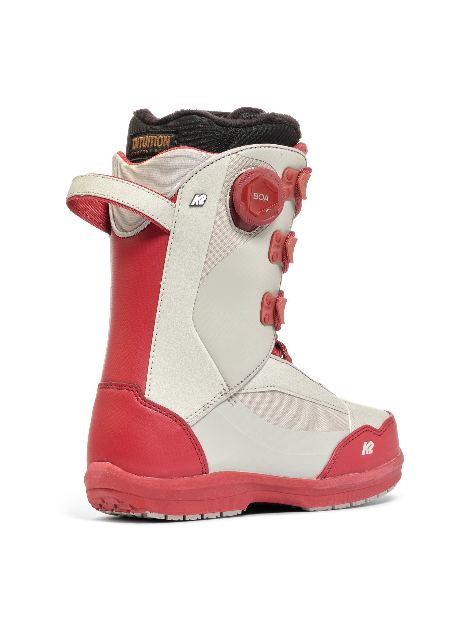 White K2 Cosmo snowboard boot features a gray K2 logo and BOA lacing system.