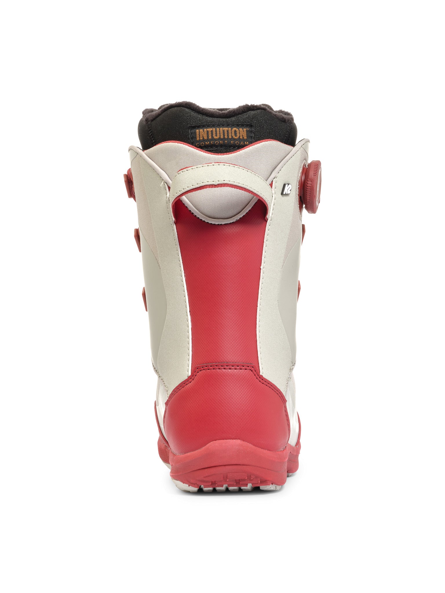 K2 Cosmo snowboard boot, white and gray design with red accents.