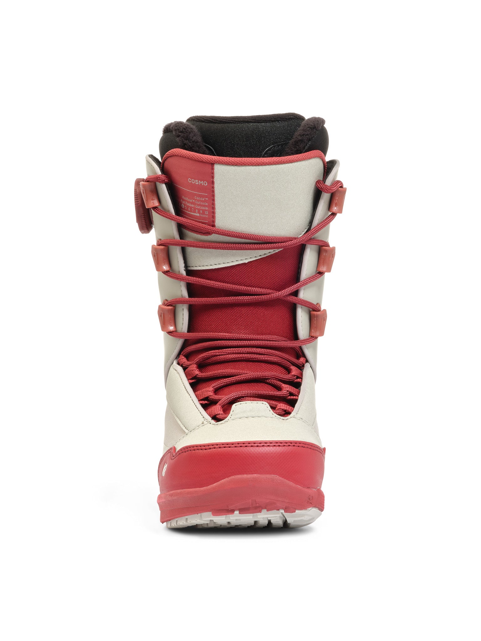 K2 Cosmo snowboard boot, a women's model featuring a white and red color scheme with black accents.