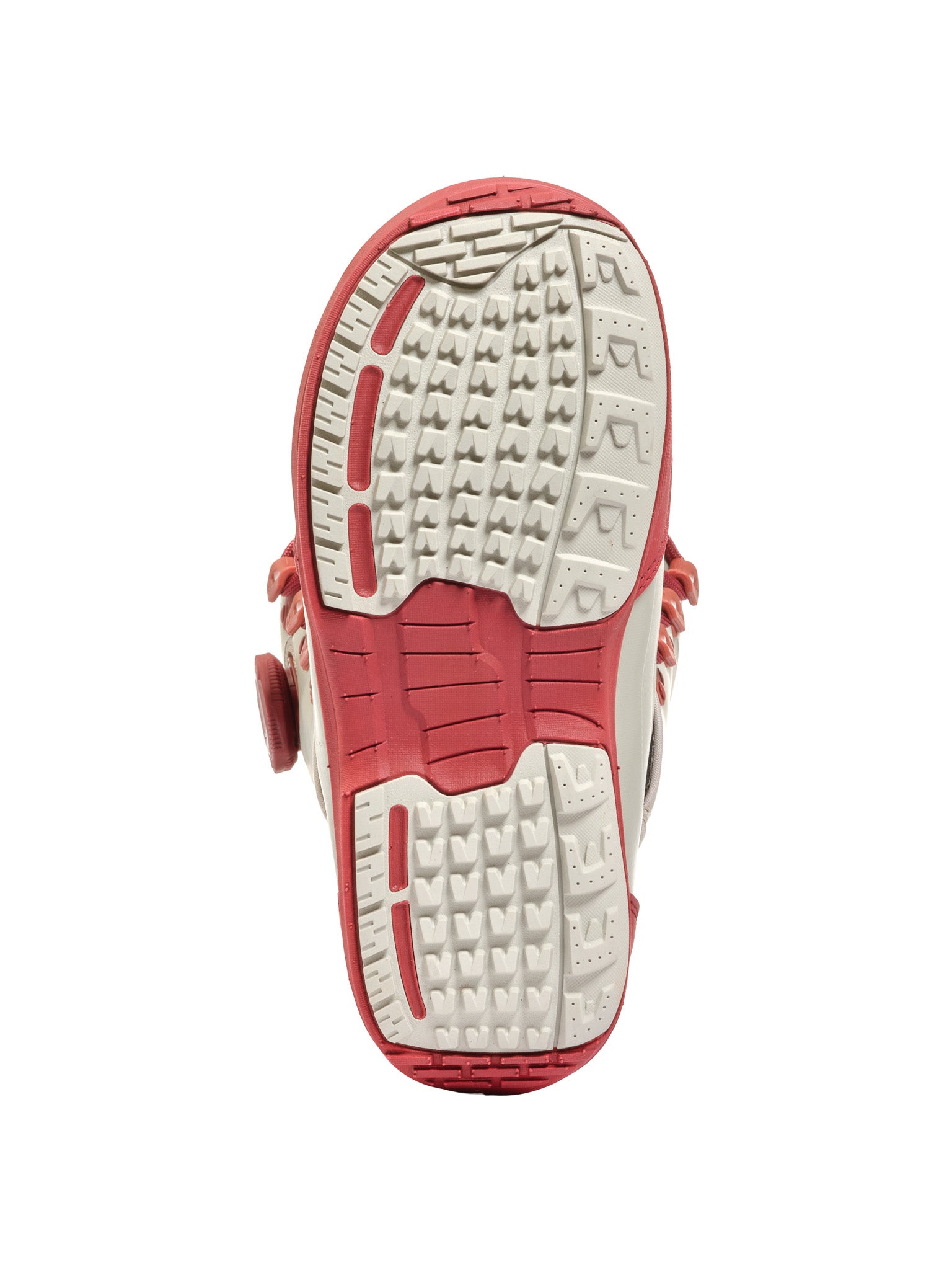K2 Cosmo snowboard boot sole, white and red, features a textured tread pattern.