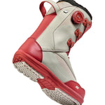 K2 Cosmo snowboard boot features a gray and red color scheme with a BOA lacing system.