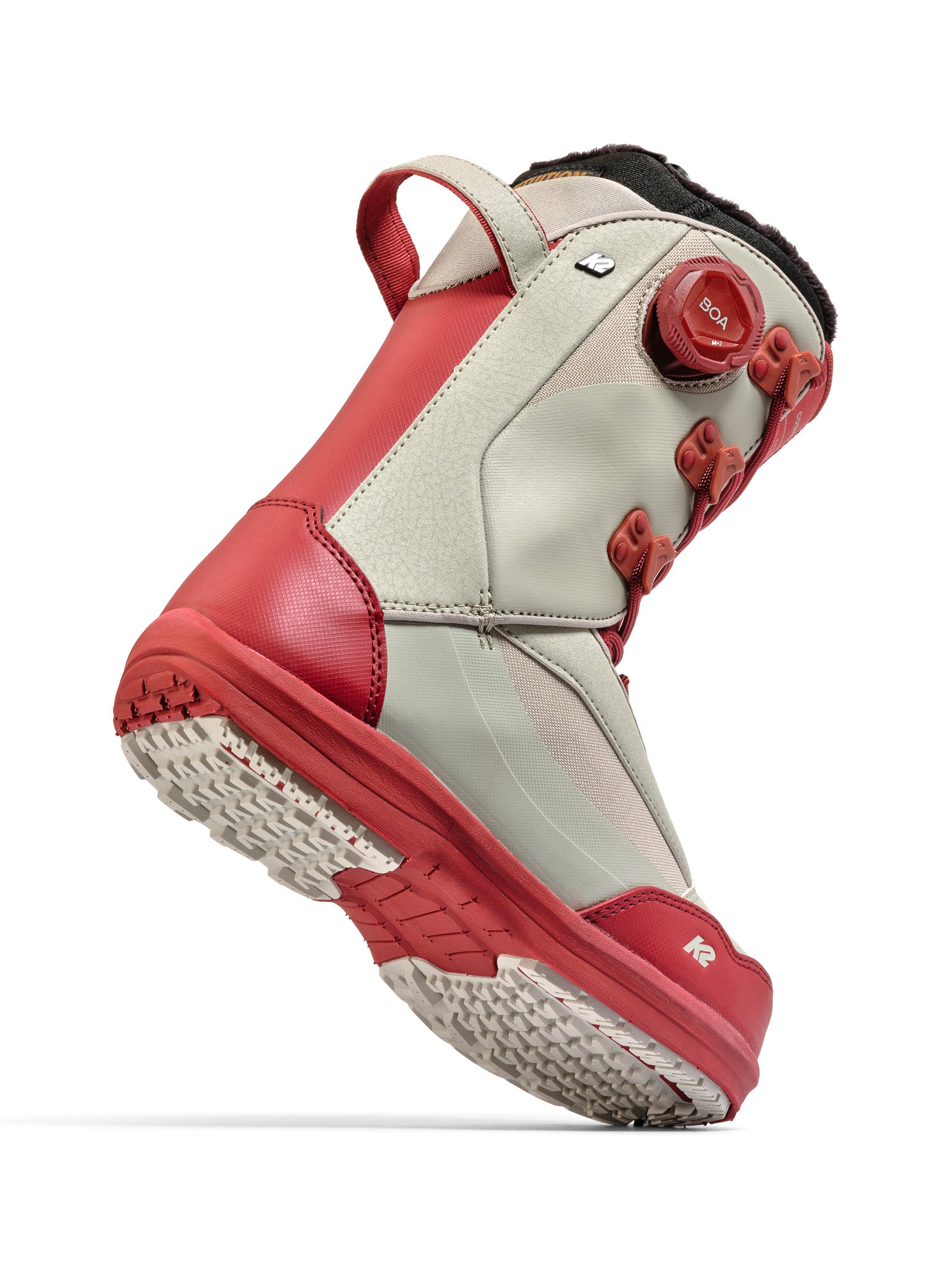 K2 Cosmo snowboard boot features a gray and red color scheme with a BOA lacing system.