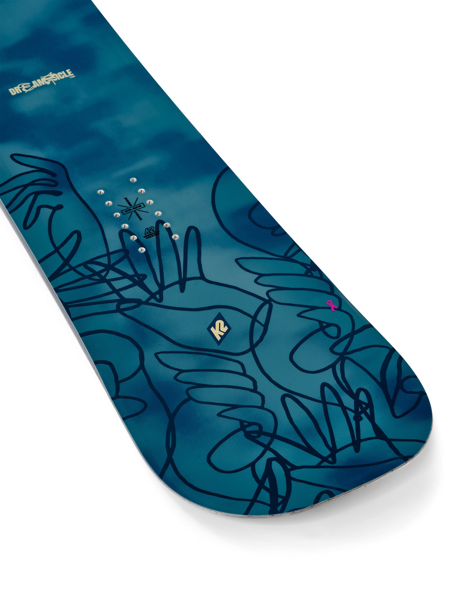 K2 Dreamsicle snowboard features a blue and white graphic design.