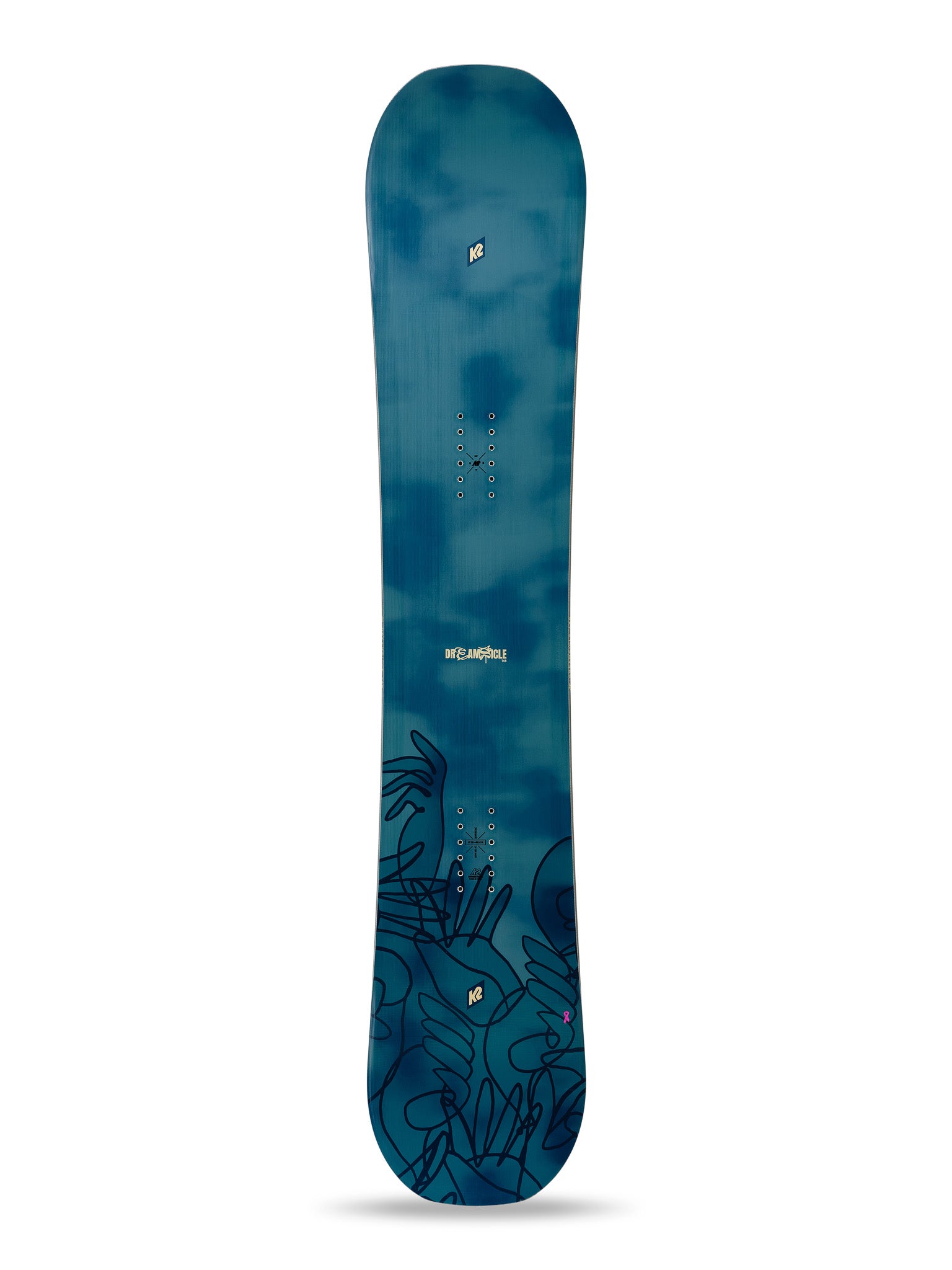 K2 Dreamsicle snowboard features a vibrant blue and pink floral design.