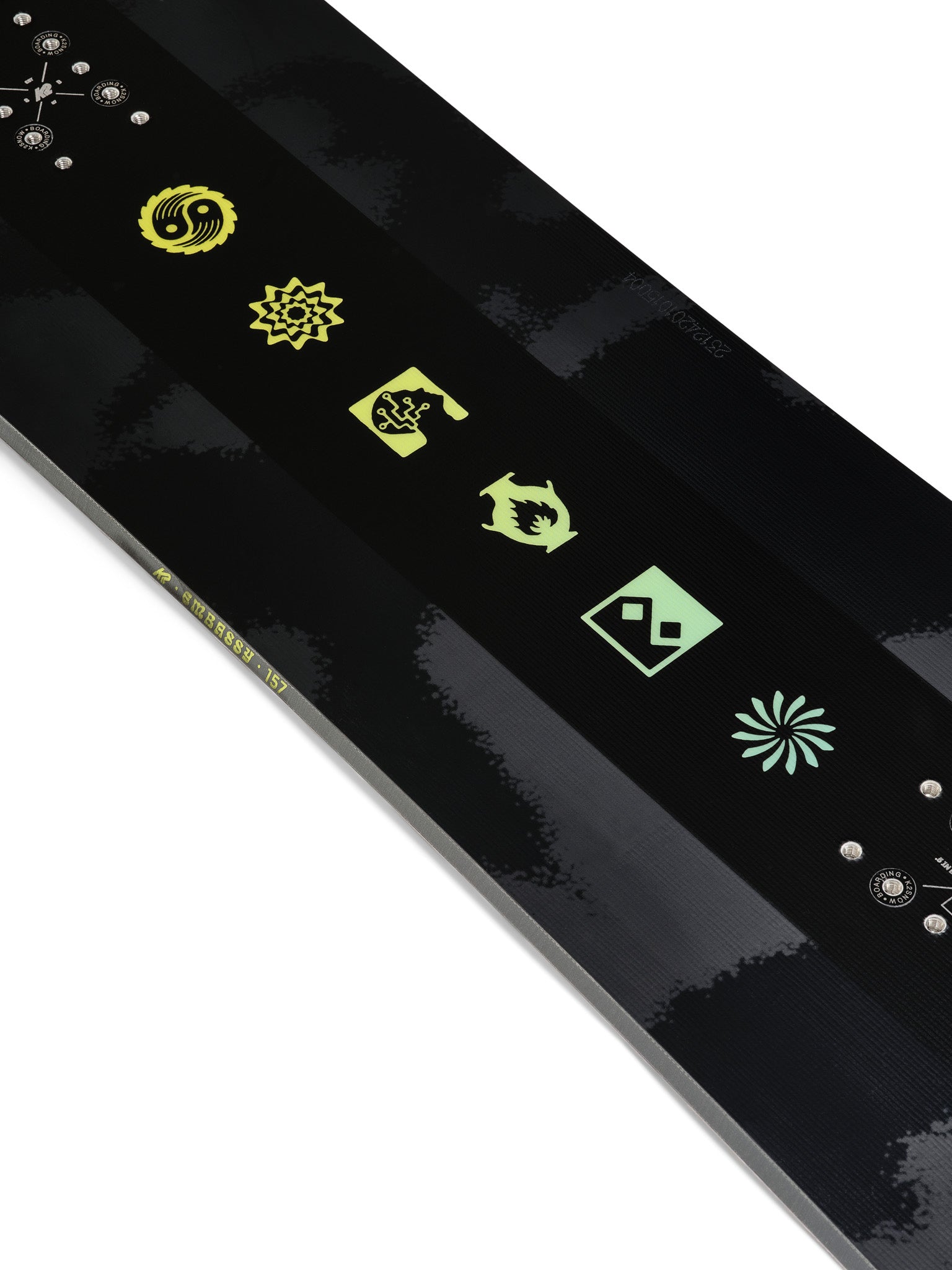 K2 Embassy 2025 snowboard features a black and white graphic design.