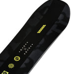 K2 Embassy snowboard 2025 features a black top with white graphics and a yellow edge.