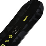 K2 Embassy snowboard 2025 features a black top with white graphics and a yellow edge.