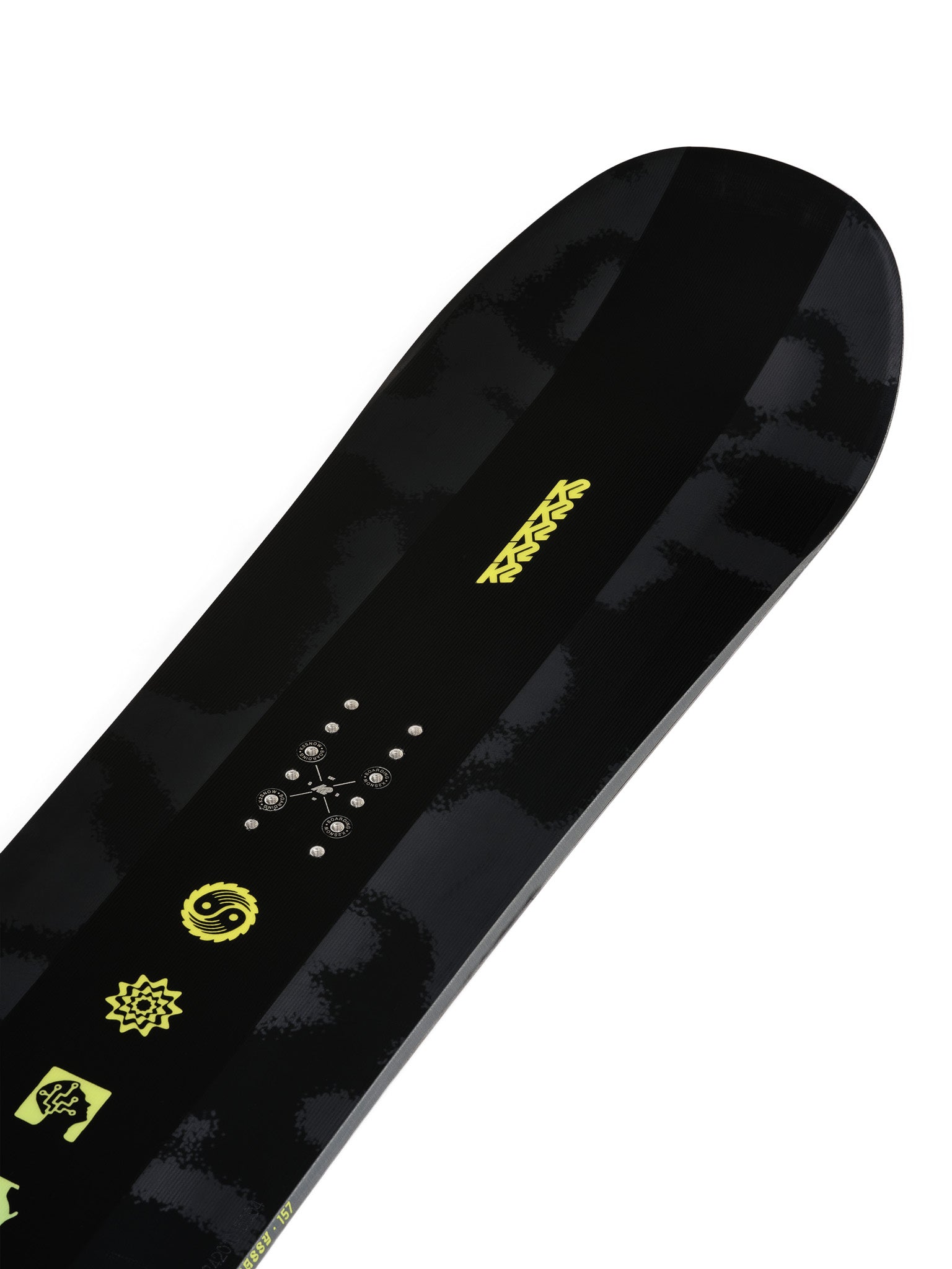 K2 Embassy snowboard 2025 features a black top with white graphics and a yellow edge.