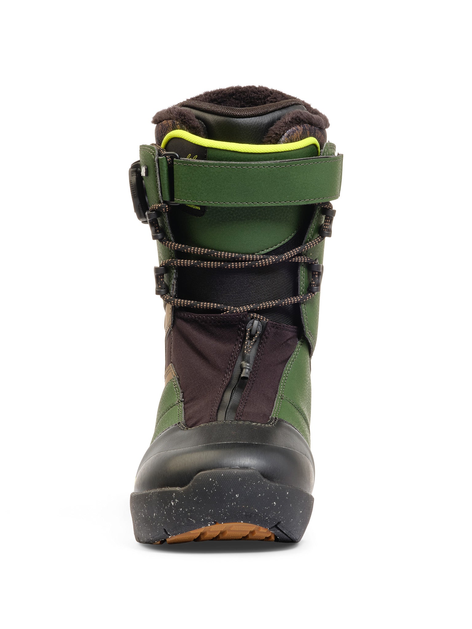 Green and black K2 Evasion snowboard boot with adjustable straps and textured sole.