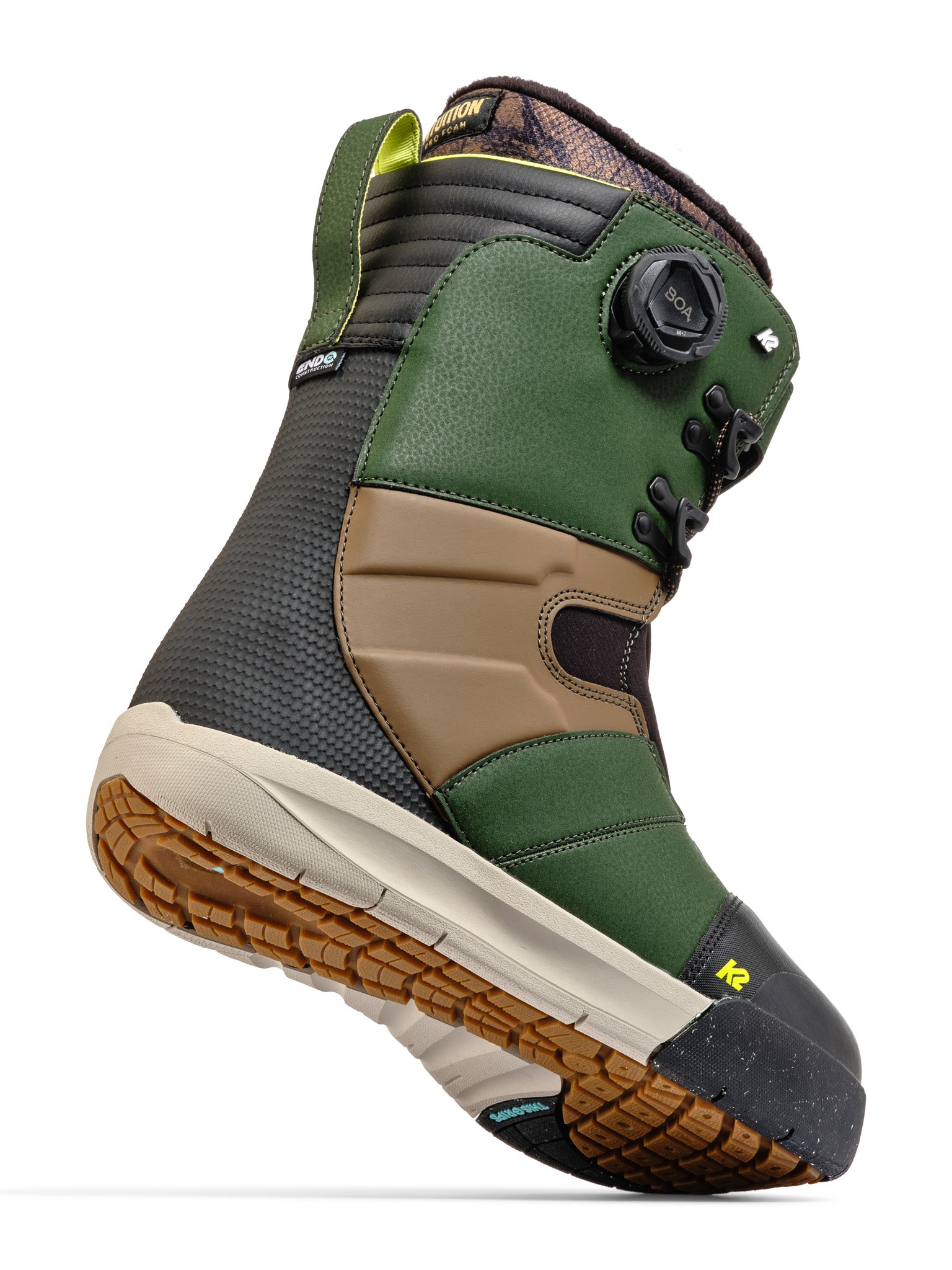 Black and green K2 Evasion snowboard boot with Boa lacing system and textured sole.