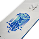K2 Extravision snowboard features a blue and white graphic design.