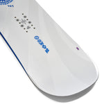 K2 Extravision snowboard features a white base with blue graphics.