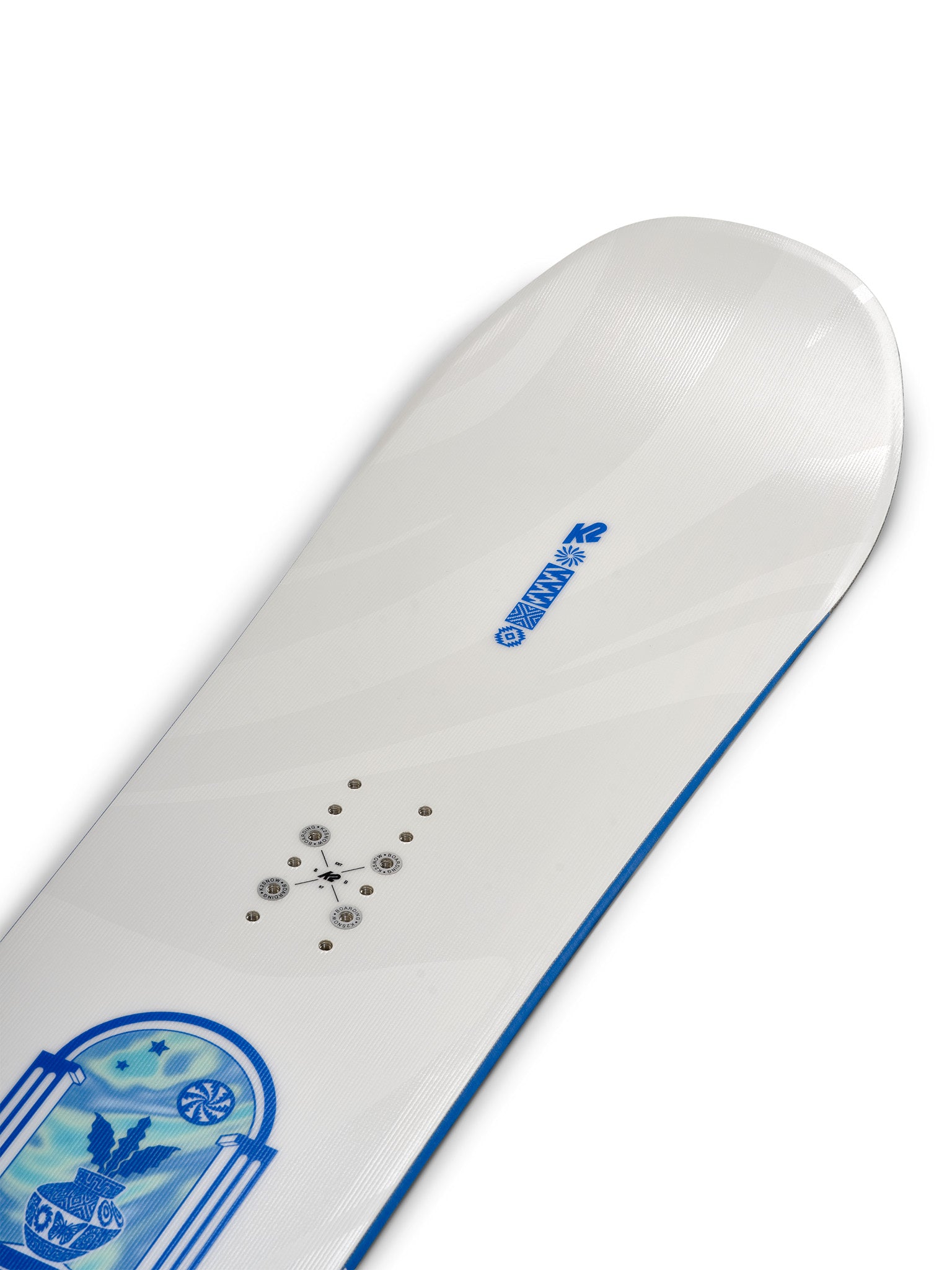 K2 Women's Extravision 2025 snowboard features a blue and white graphic design.