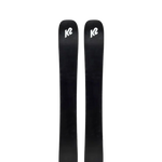 Pair of black Fat skis with K2 logo, straight side profile