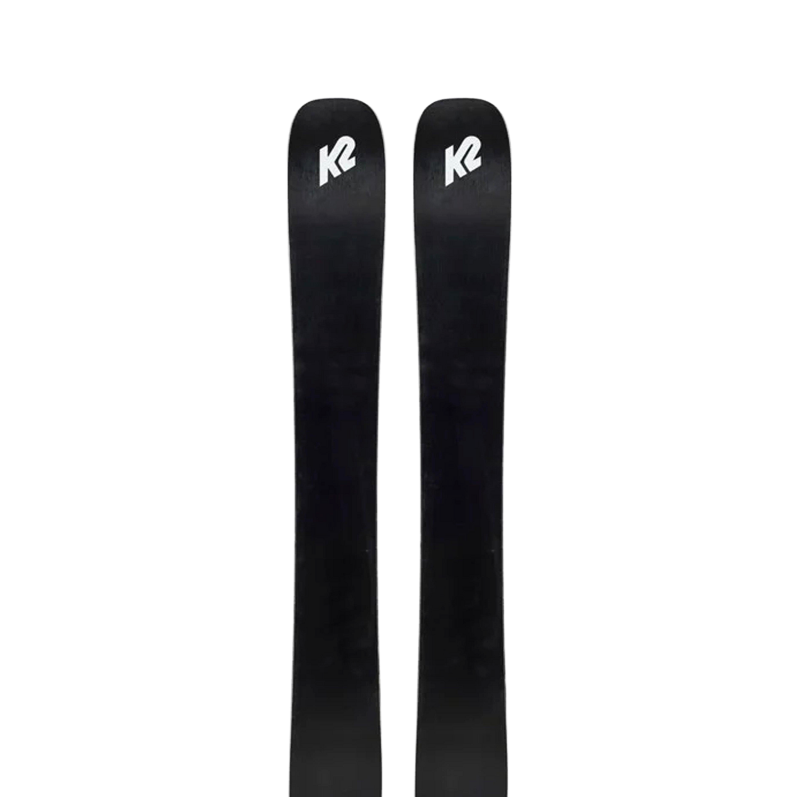 Pair of black Fat skis with K2 logo, straight side profile