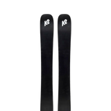 Pair of black Fat skis with K2 logo, straight side profile
