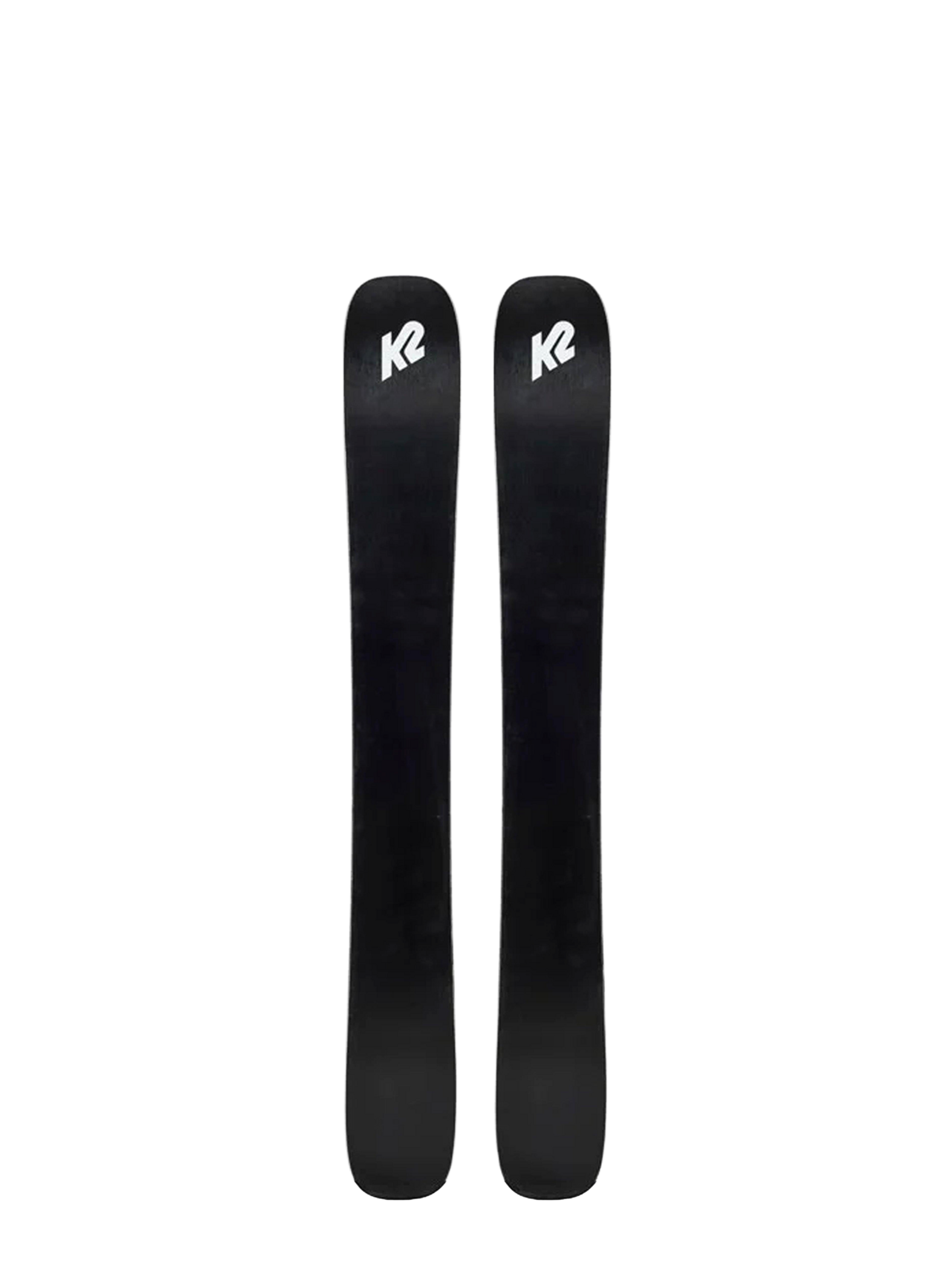 Pair of black Fat skis with K2 logo, straight side profile