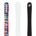 Fat skis set in blue/red camo, white base, and black K2 graphic
