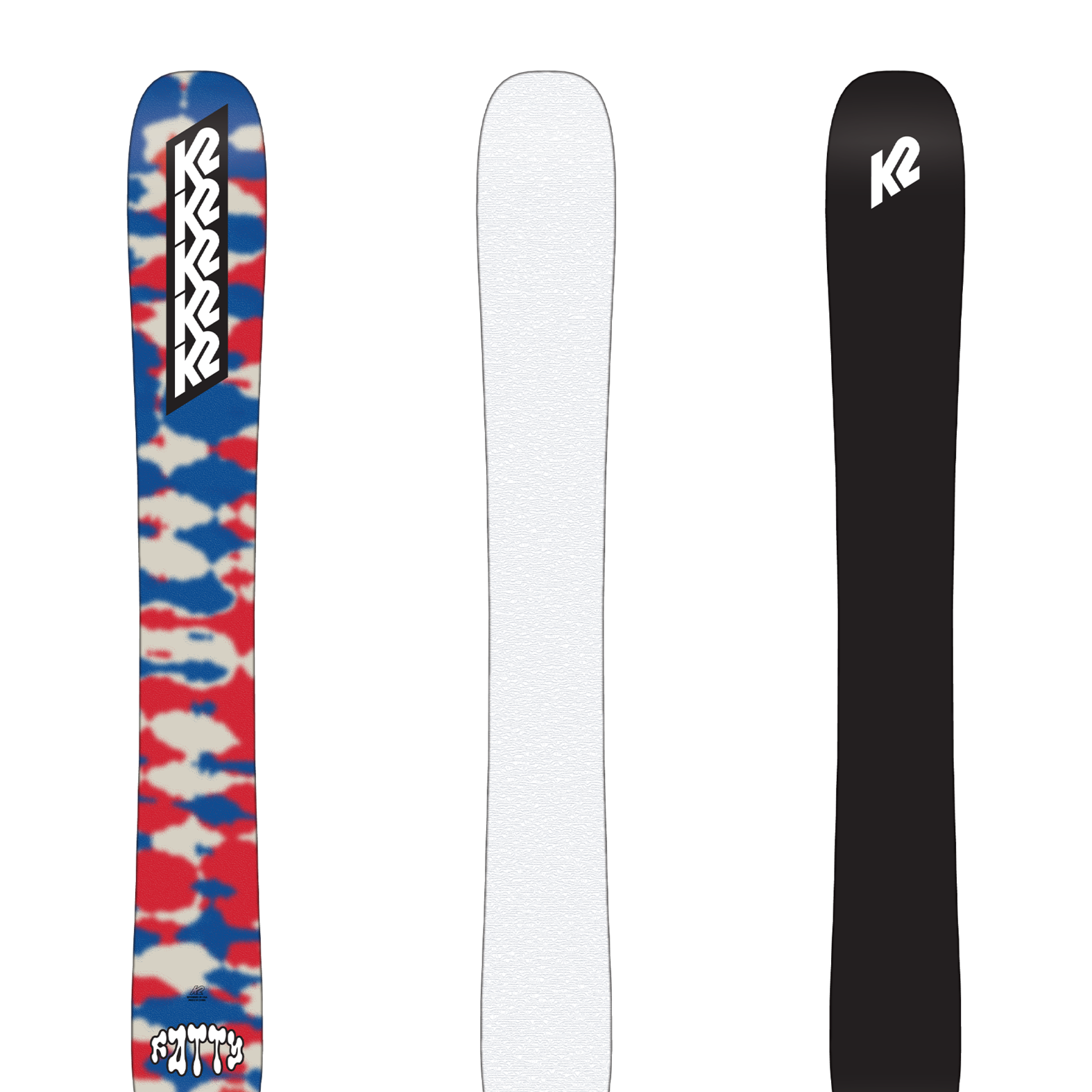 Fat skis set in blue/red camo, white base, and black K2 graphic