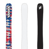 Fat skis set in blue/red camo, white base, and black K2 graphic