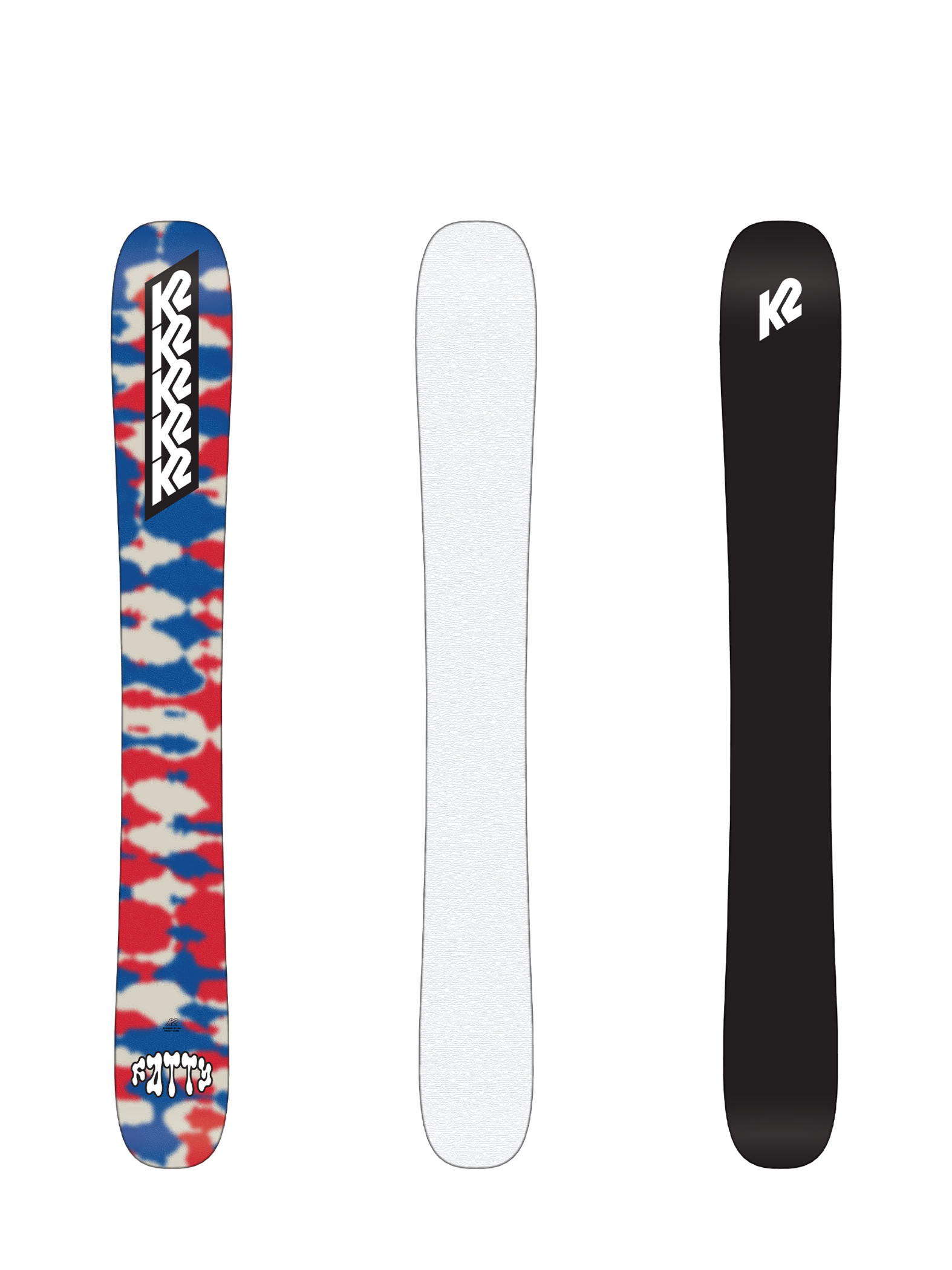 Fat skis set in blue/red camo, white base, and black K2 graphic