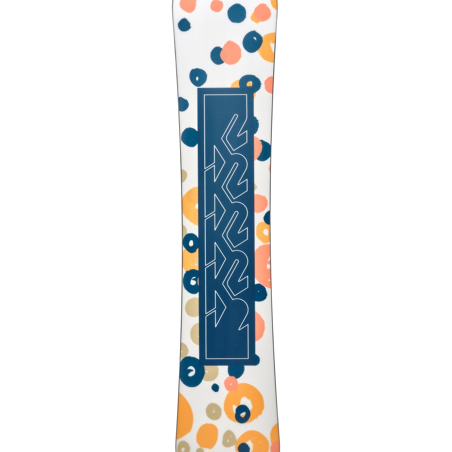 K2 Women's First Lite 2025 snowboard features a white base with orange and blue dot pattern.